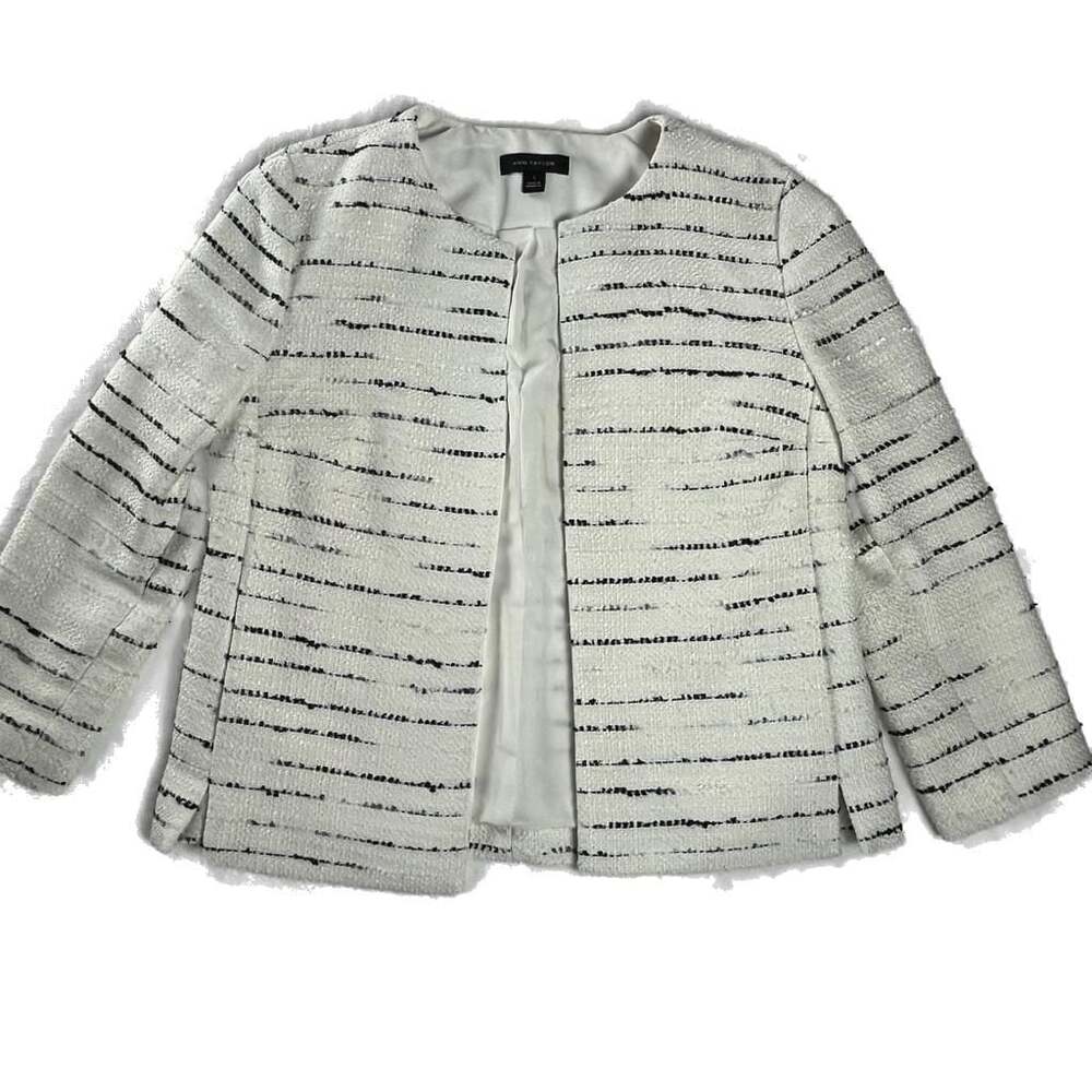 Ann Taylor Jacket Size 2 Ivory Black Tweed Stripe Open Front Classic Work